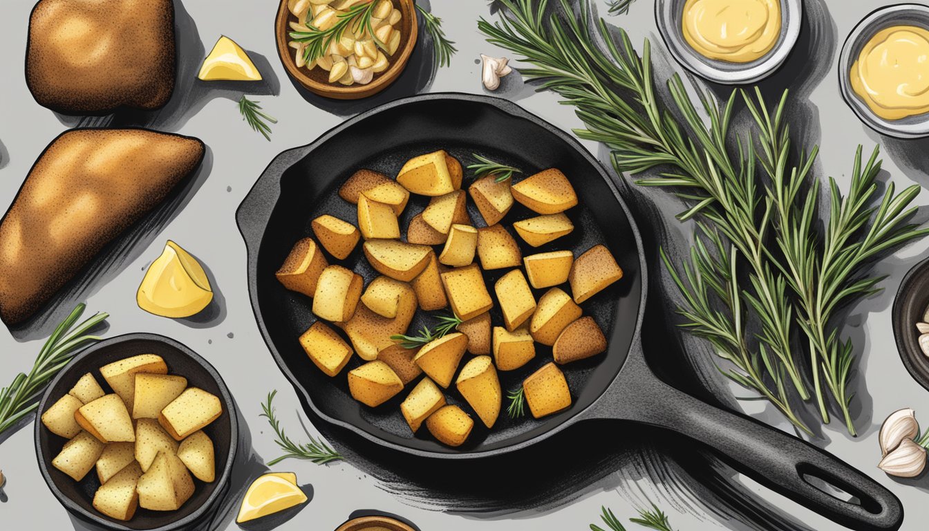 Sizzling home fries in a cast iron skillet with rosemary and garlic