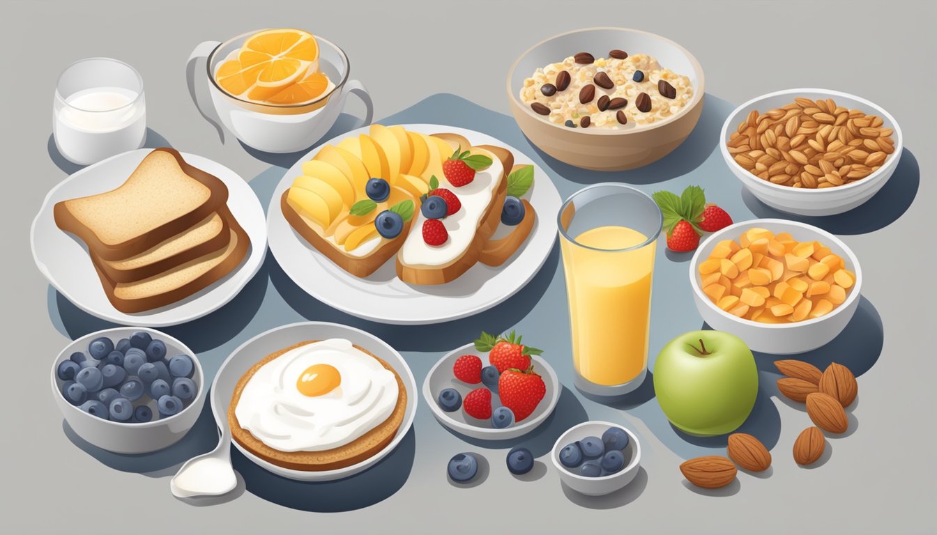 A table set with a variety of healthy breakfast options, including fruits, yogurt, whole grain toast, and nuts