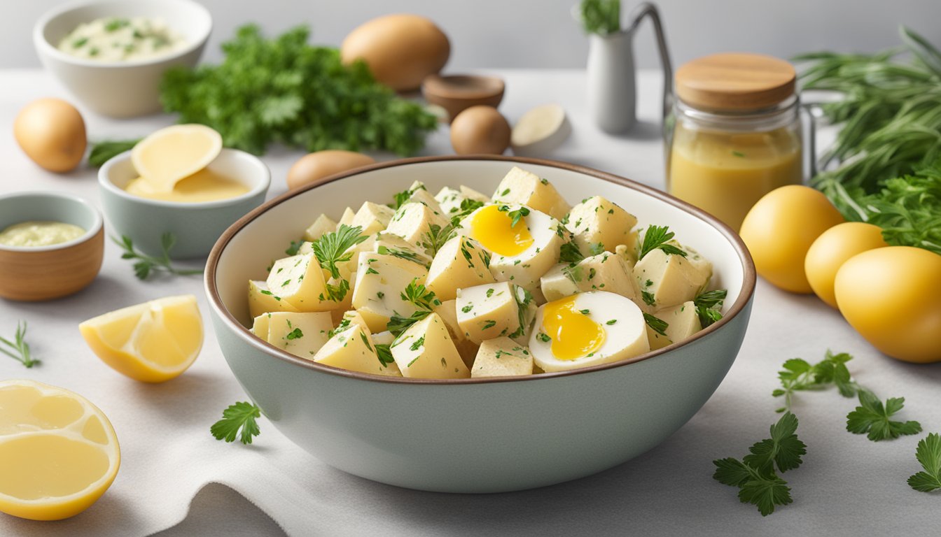 A bowl of creamy Dijon potato salad with golden breakfast potatoes, fresh herbs, and a drizzle of tangy Dijon dressing