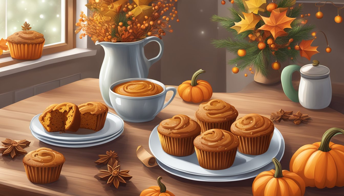 A cozy kitchen table set with a platter of pumpkin spice muffins, surrounded by festive holiday decorations