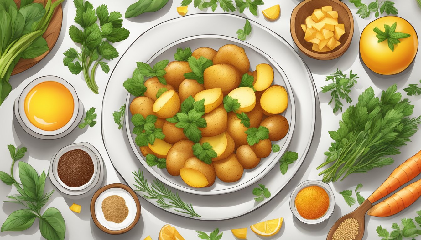 A plate of golden-brown breakfast potatoes with fresh herbs and spices, surrounded by colorful fruits and vegetables