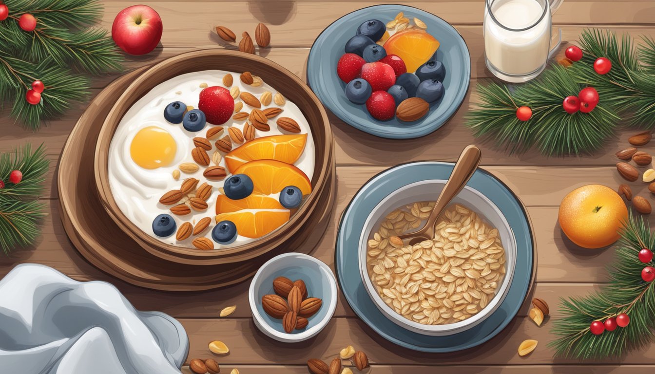 A festive breakfast spread with fruits, nuts, oats, and yogurt, surrounded by holly and pine branches on a wooden table