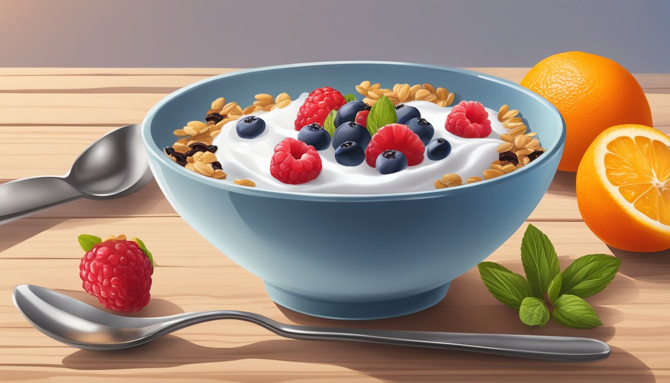 A bowl of Greek yogurt topped with fresh berries and a sprinkle of granola sits on a wooden table, surrounded by a glass of orange juice and a spoon