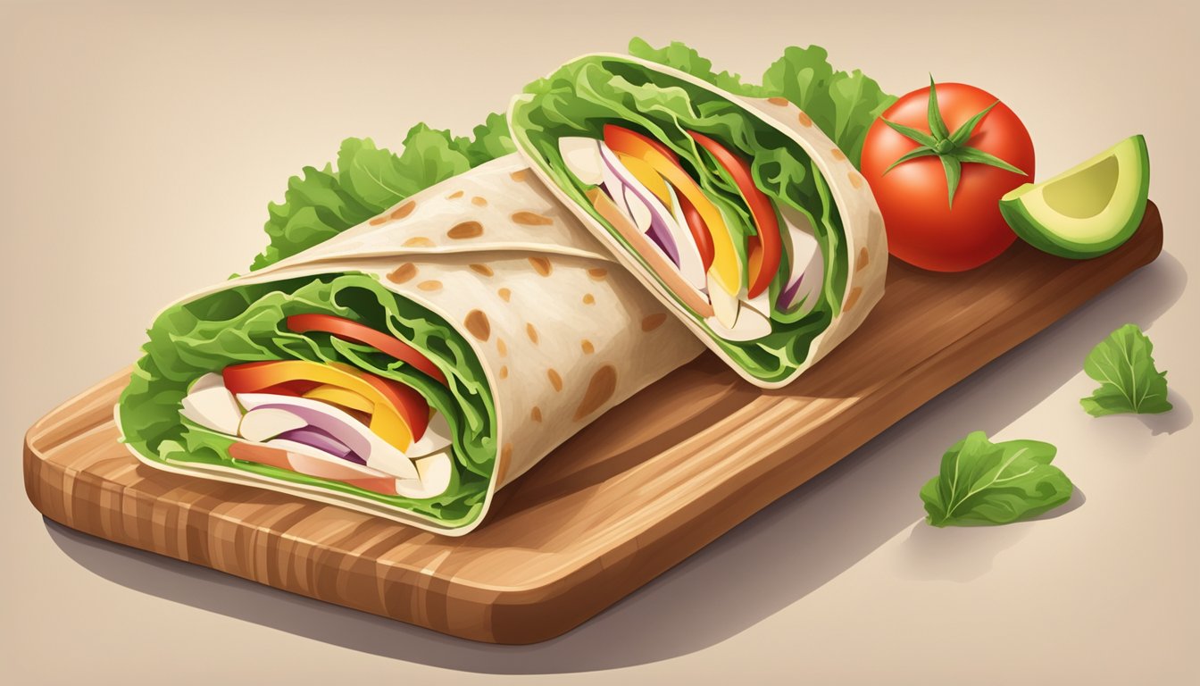 A colorful wrap filled with sliced turkey, creamy avocado, crisp lettuce, and juicy tomatoes, served on a wooden cutting board