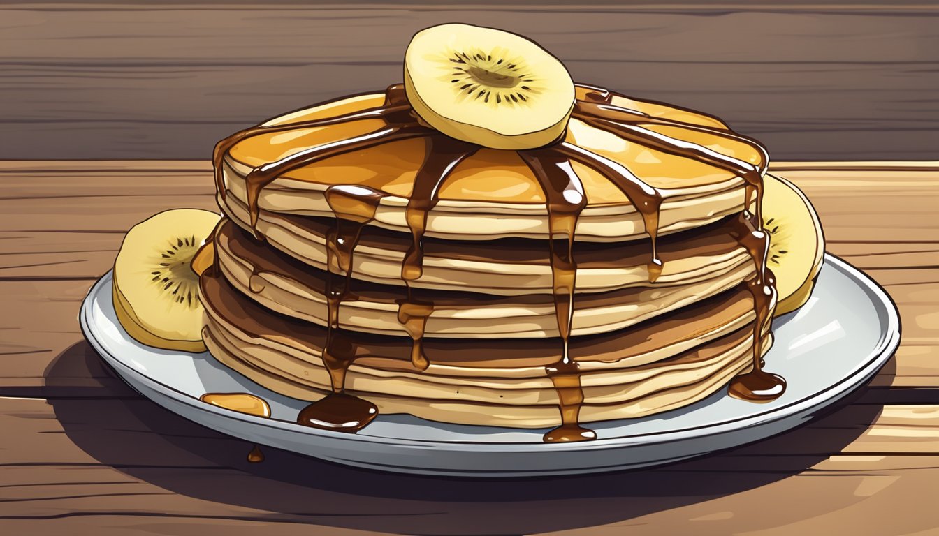 A plate of protein pancakes topped with sliced bananas and drizzled with syrup on a wooden table