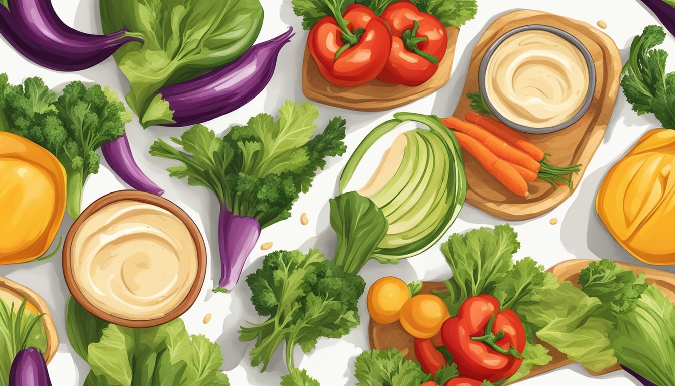 A colorful array of fresh vegetables and a creamy dollop of hummus spread on a soft roll