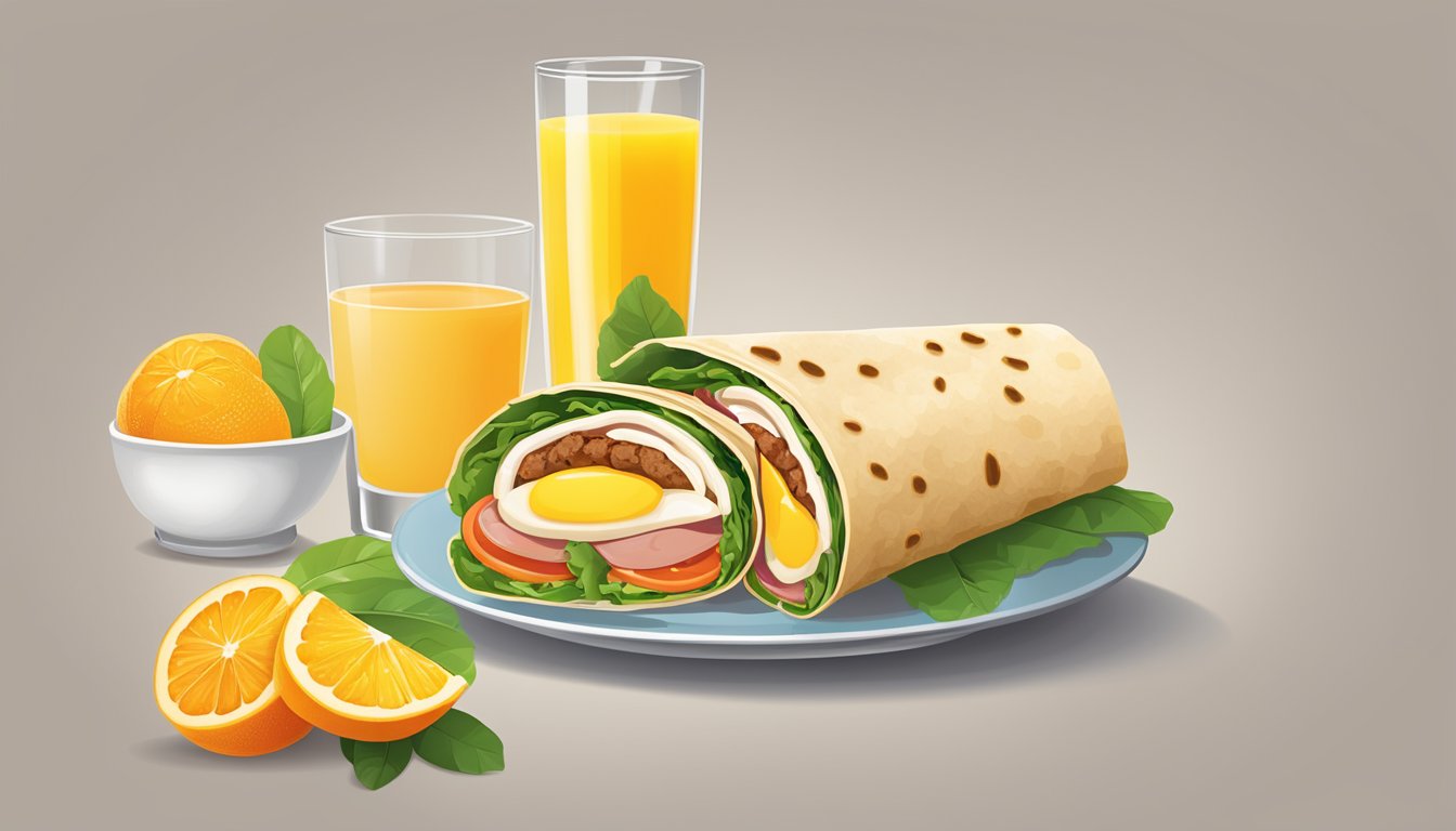 A breakfast wrap with egg and turkey sausage, surrounded by fresh fruits and a glass of orange juice