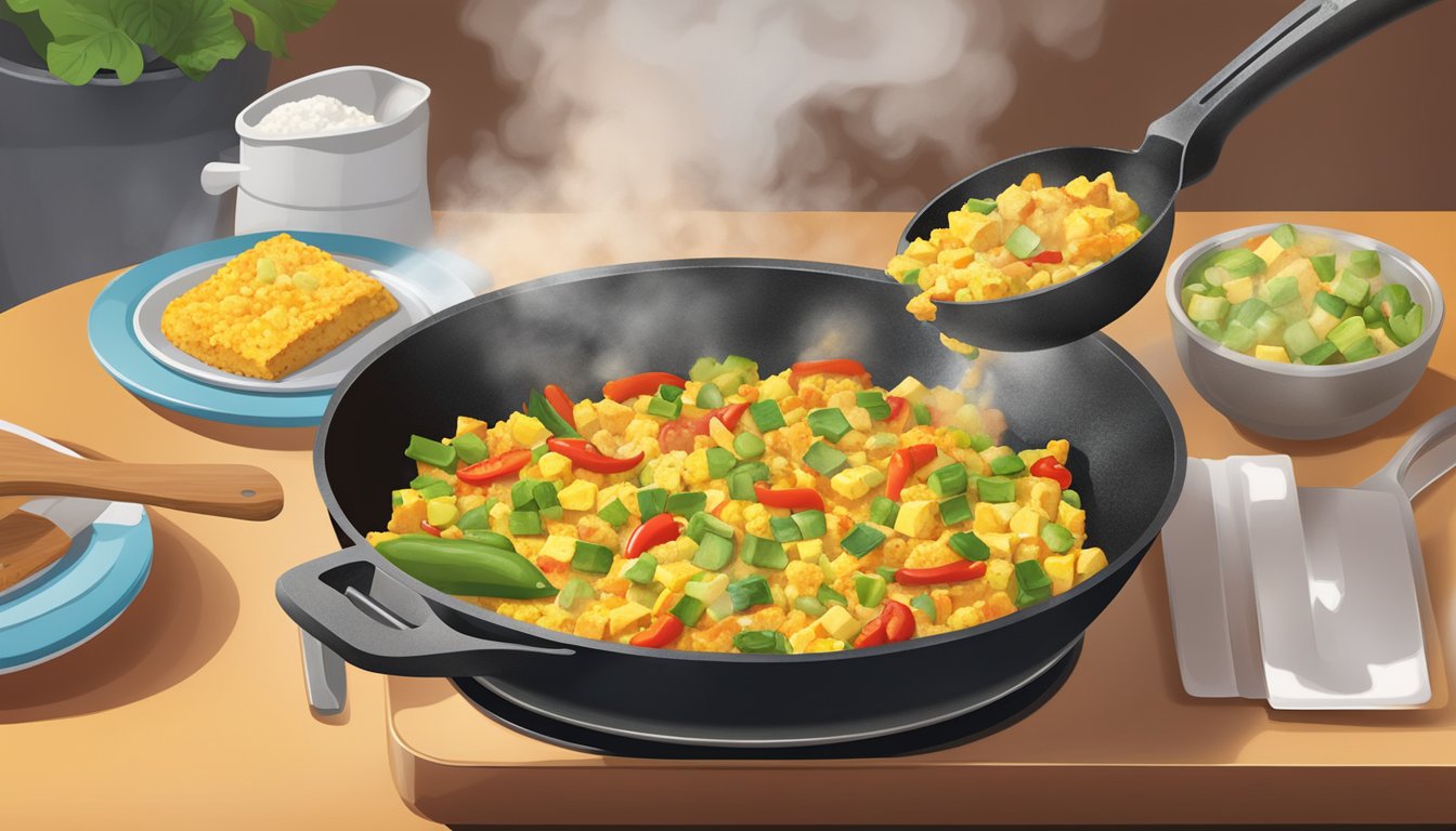 A sizzling skillet holds a colorful tofu scramble with diced peppers, steam rising from the protein-packed breakfast dish