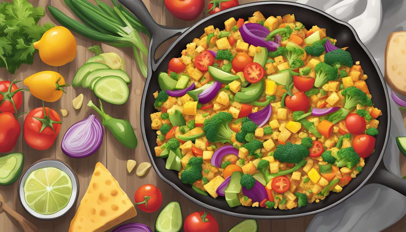 A sizzling skillet holds a colorful tofu scramble with an assortment of fresh vegetables, steaming and ready to eat