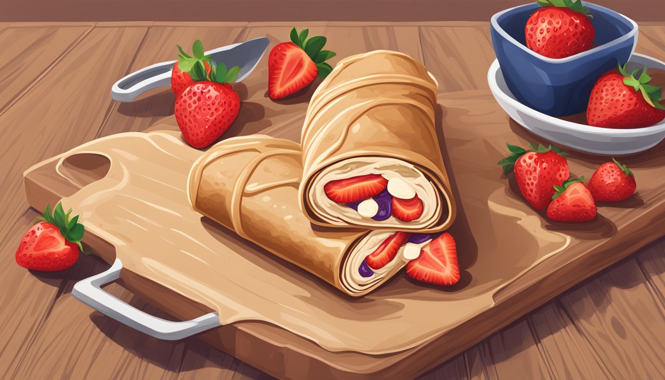 A peanut butter and jelly wrap sits on a wooden cutting board, surrounded by fresh strawberries and a dollop of creamy peanut butter