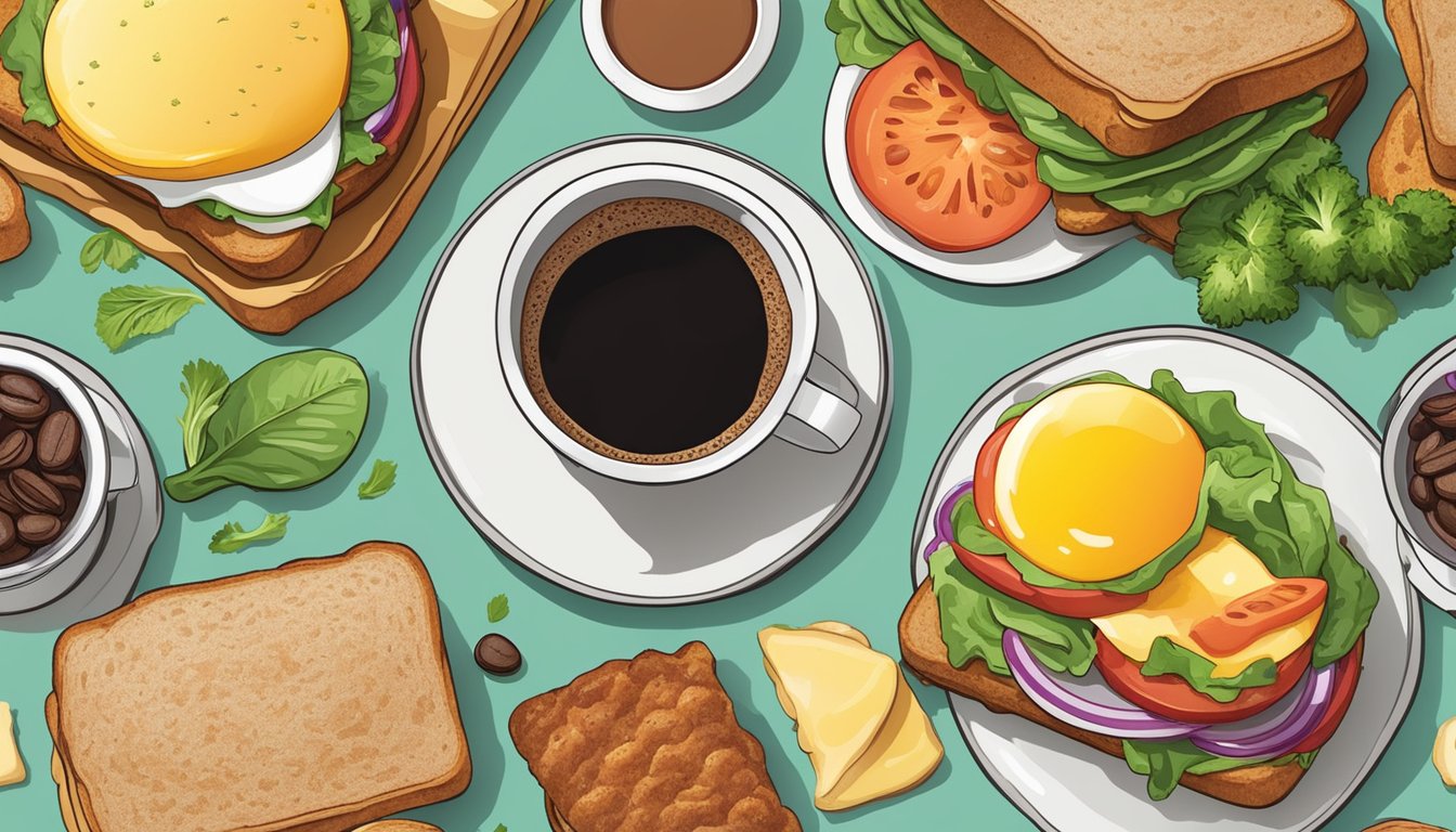 A colorful array of breakfast sandwiches surrounded by fresh ingredients like eggs, vegetables, and whole grain bread, with a steaming cup of coffee on the side