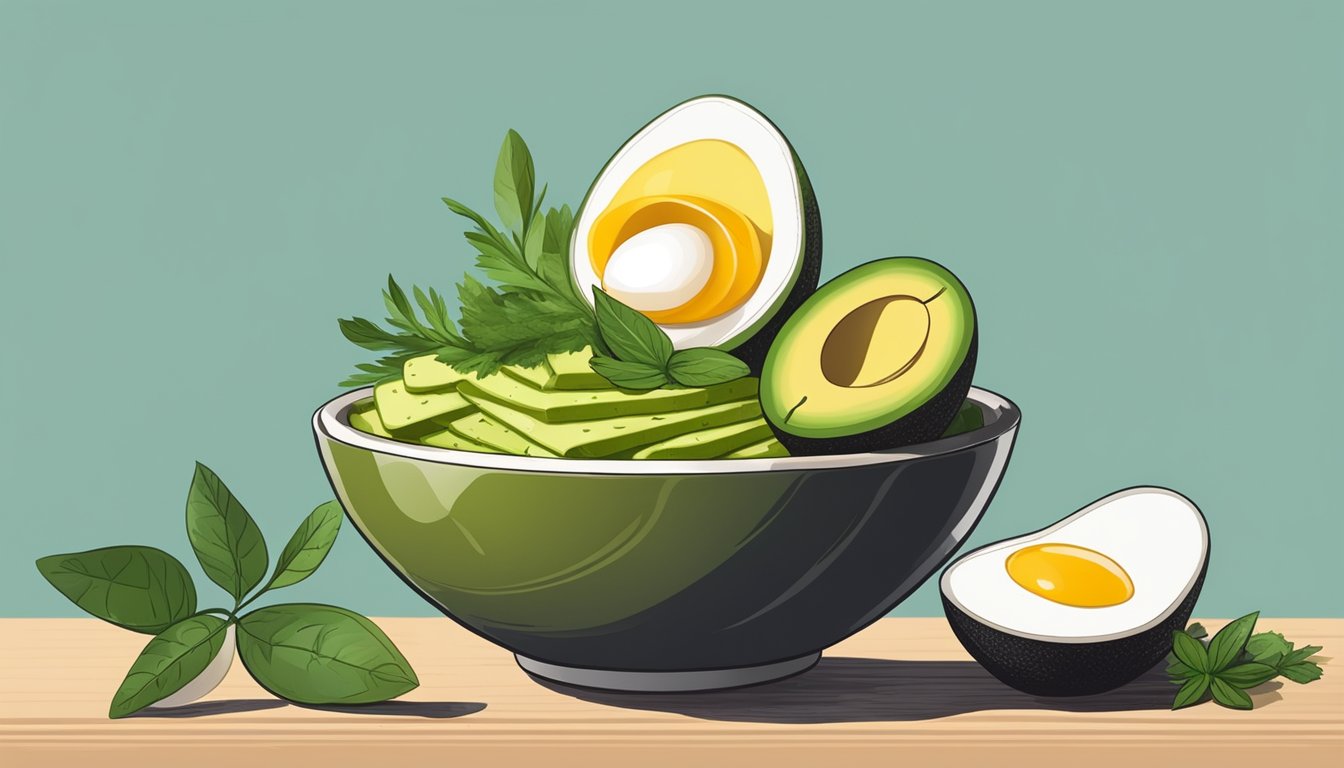 A bowl with sliced avocado and a halved boiled egg, garnished with herbs and spices