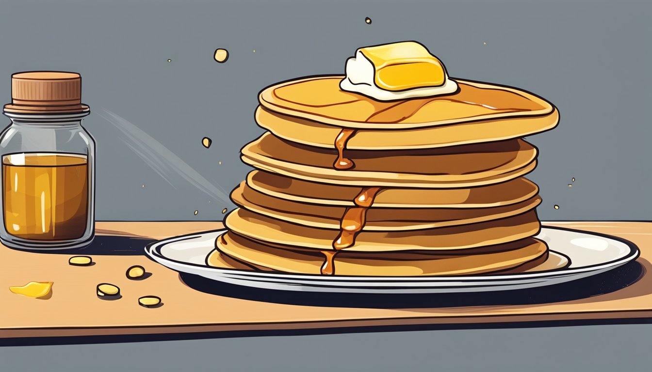 A stack of golden pancakes with a drizzle of maple syrup, accompanied by a pat of butter and a side of crispy bacon on a plate