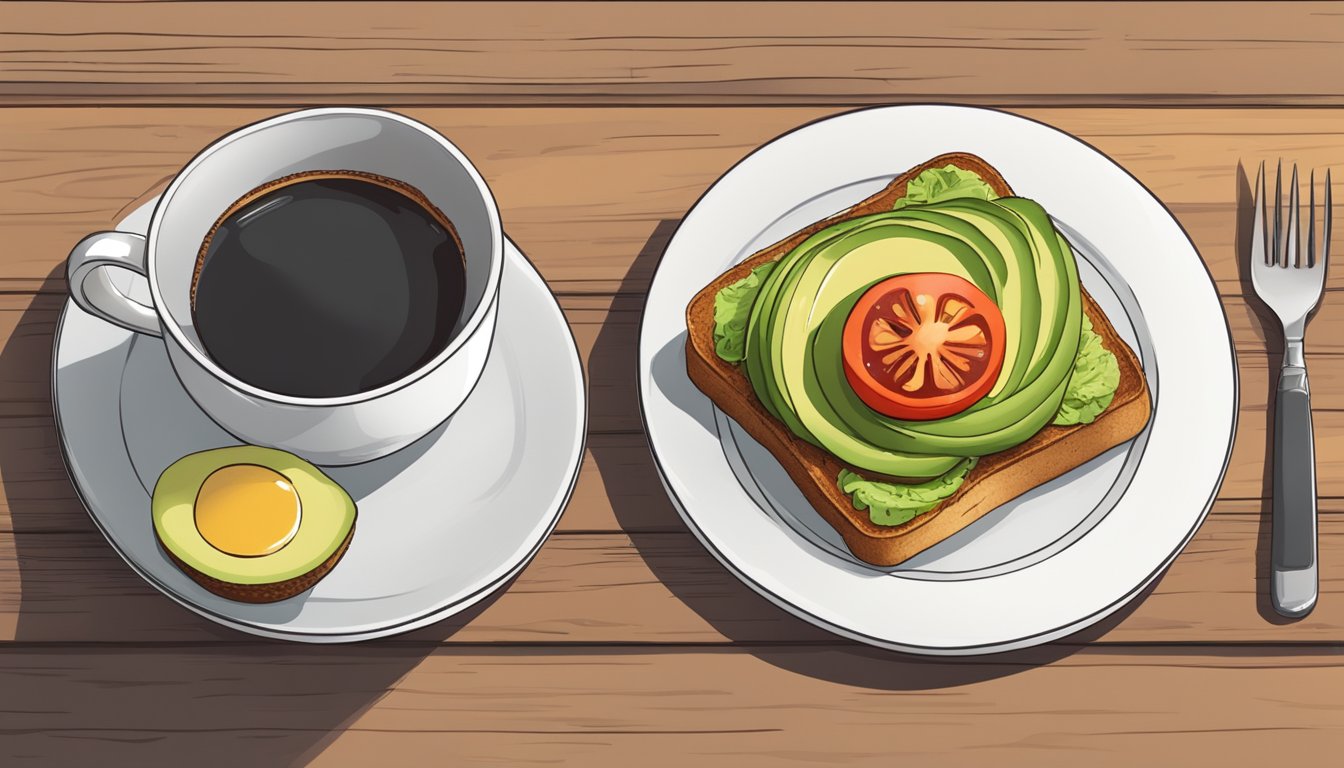 A plate with avocado toast topped with sliced tomatoes and garnished with herbs, beside a cup of coffee on a wooden table