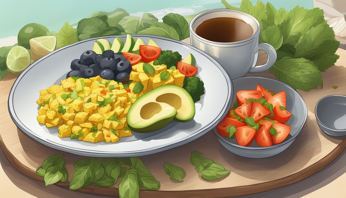 A colorful plate of tofu scramble with mixed vegetables and avocado, served with a side of fresh fruit and a steaming cup of herbal tea