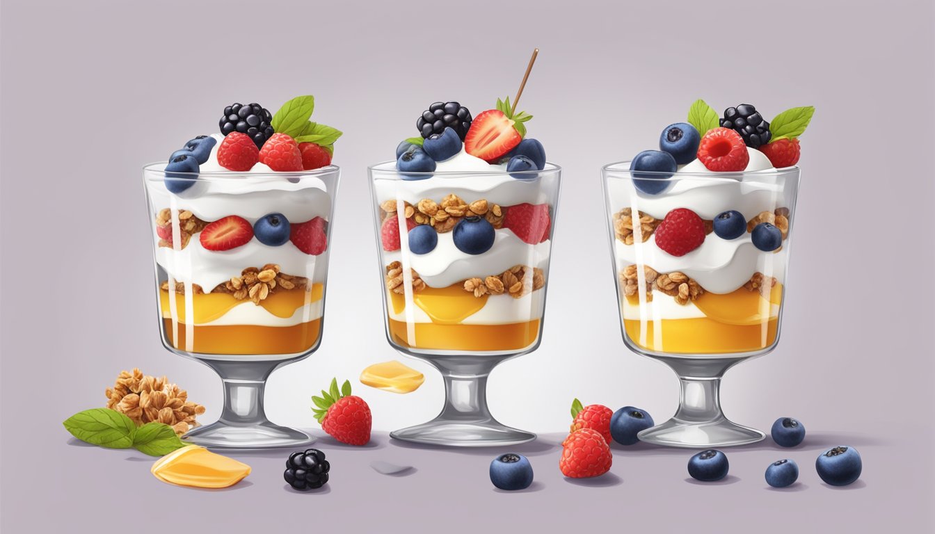 A glass parfait dish filled with layers of Greek yogurt, granola, and fresh berries, topped with a drizzle of honey