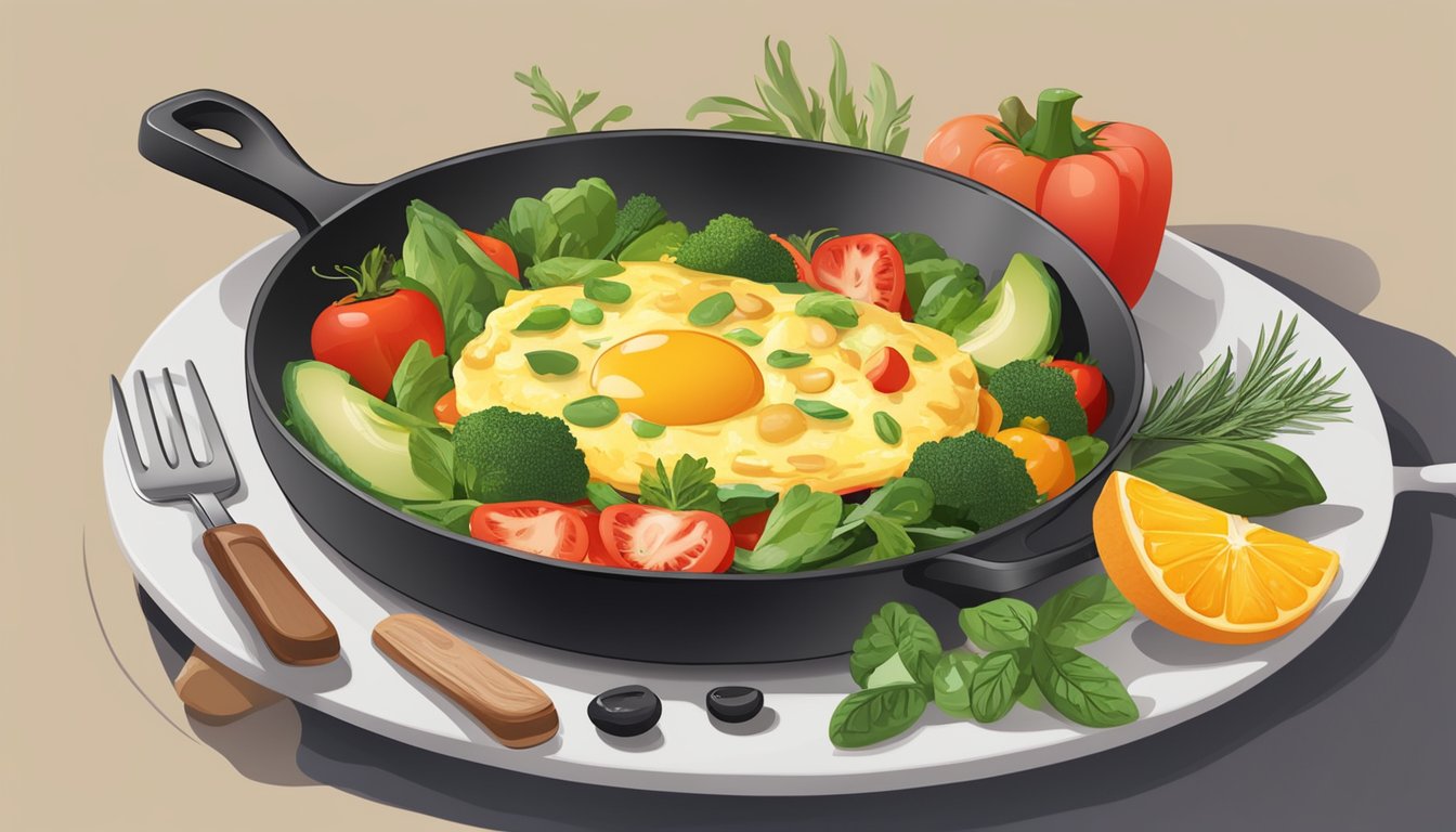 A sizzling omelette in a skillet, surrounded by colorful vegetables and herbs, with a side of fresh fruit and a cup of black coffee