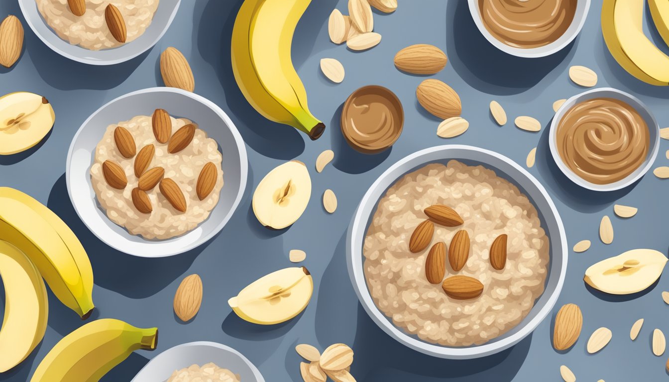 A bowl of oatmeal topped with sliced bananas and a dollop of almond butter