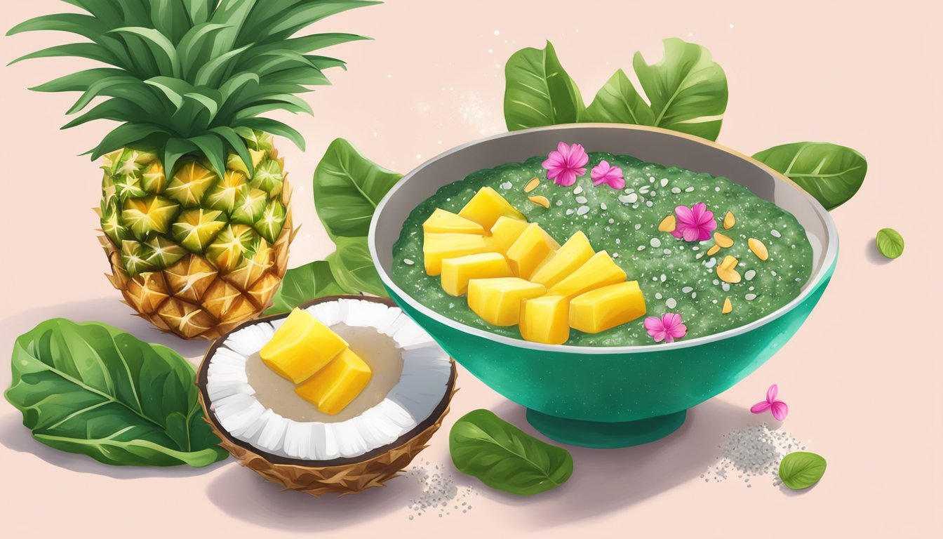 A colorful smoothie bowl with a green spinach base, topped with vibrant chunks of fresh pineapple, coconut flakes, and a sprinkle of chia seeds