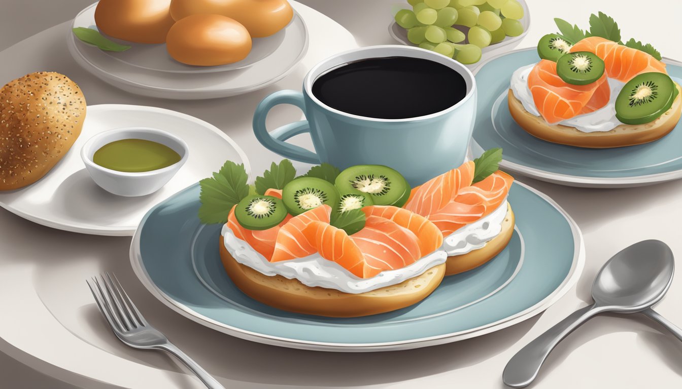 A bagel topped with cream cheese, smoked salmon, and capers, served with a side of fresh fruit and a cup of coffee