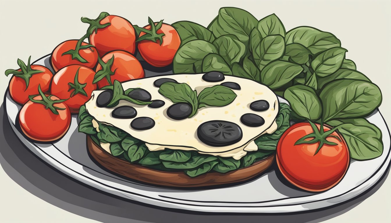 Portobello mushrooms filled with spinach, tomatoes, and cheese, arranged on a plate with a side of fresh fruit