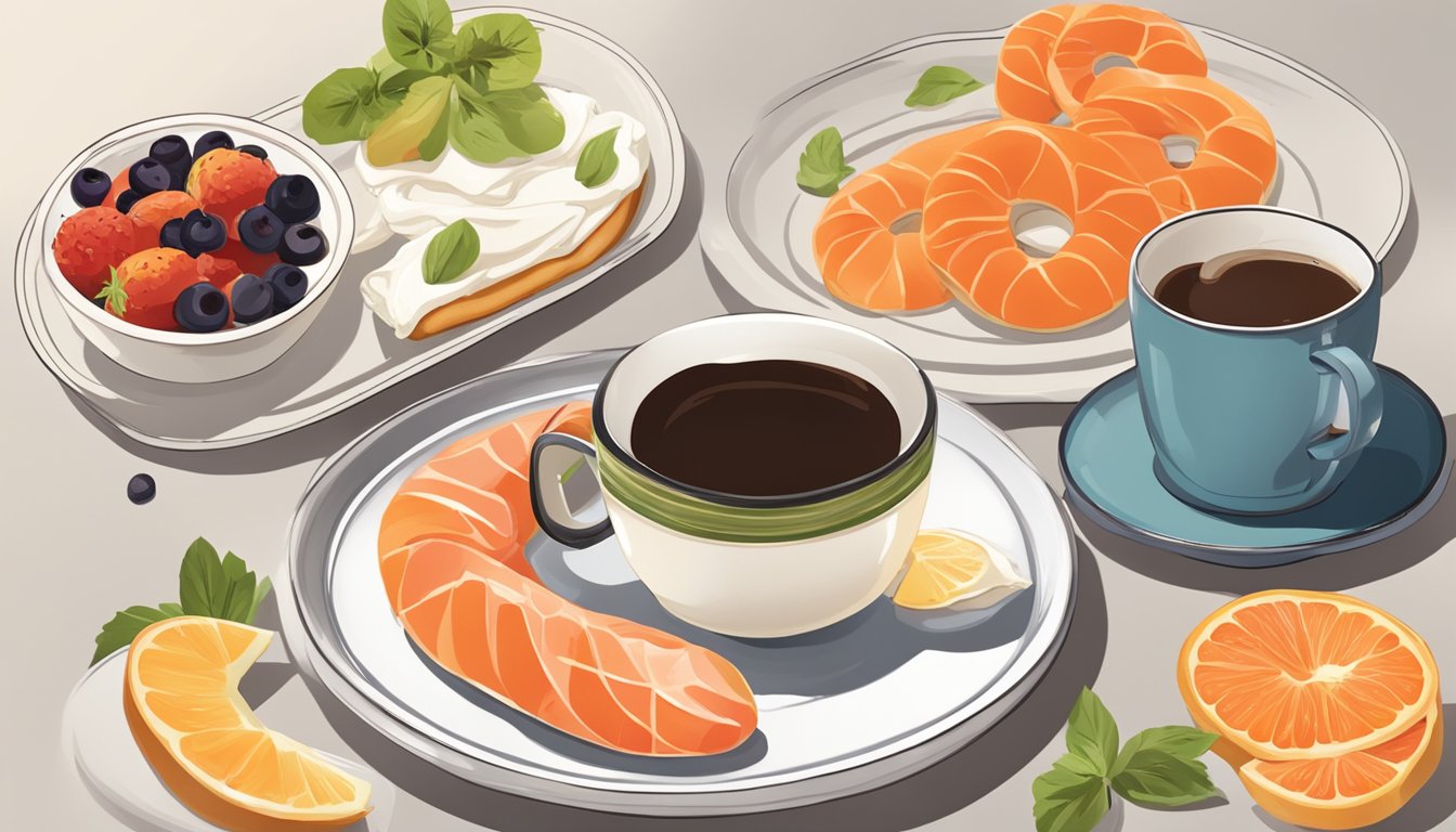 A plate with a toasted bagel topped with smoked salmon and a dollop of cream cheese, accompanied by a side of fresh fruit and a steaming cup of coffee