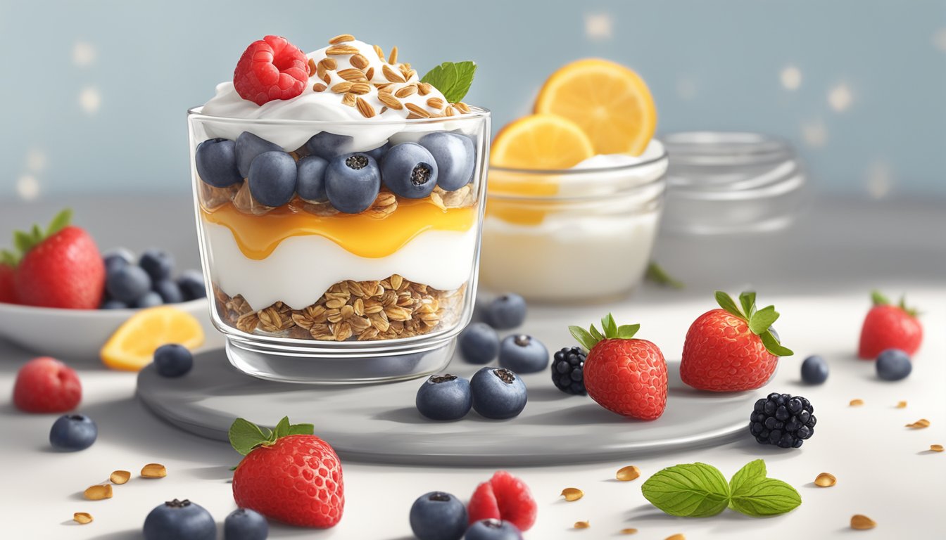 A glass parfait dish filled with layers of Greek yogurt, granola, and fresh berries, topped with a drizzle of honey and a sprinkle of chia seeds