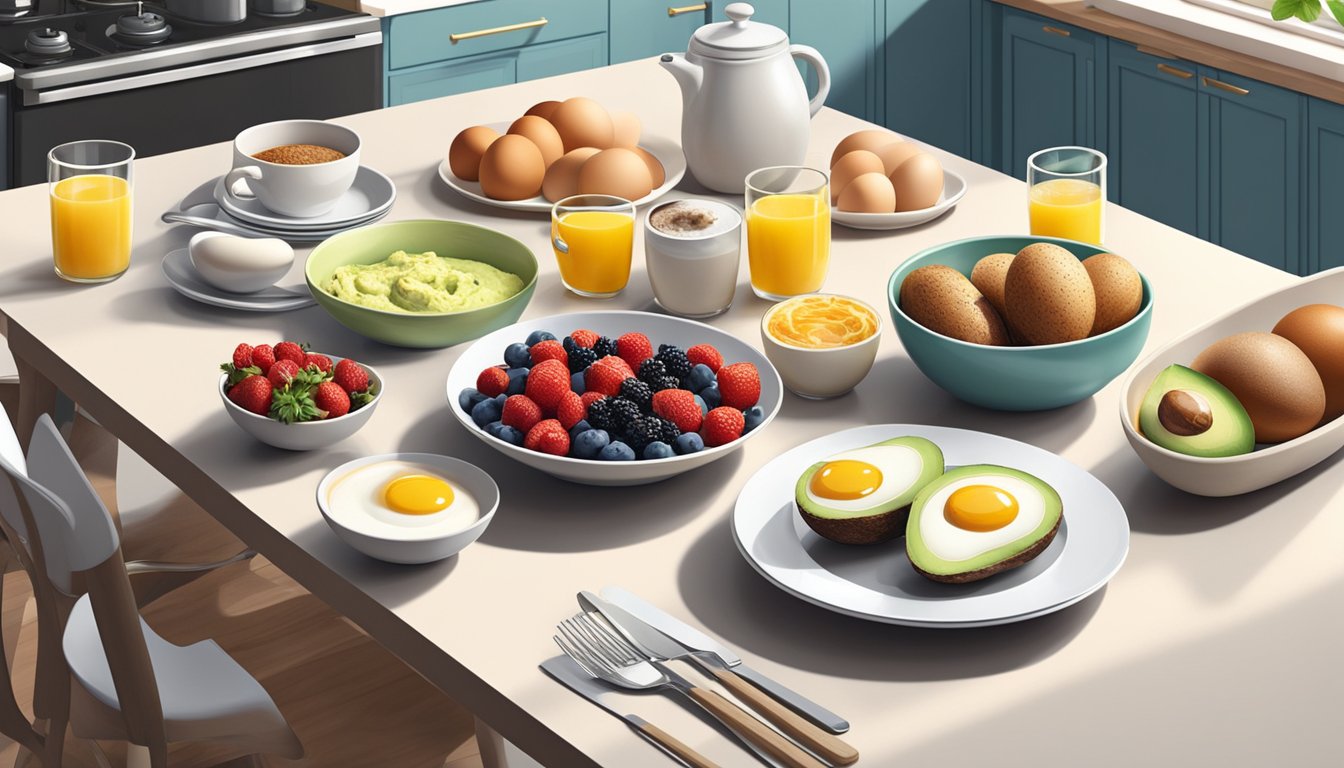 A breakfast table with a spread of low-carb options such as eggs, avocado, and berries, surrounded by a bright and airy kitchen