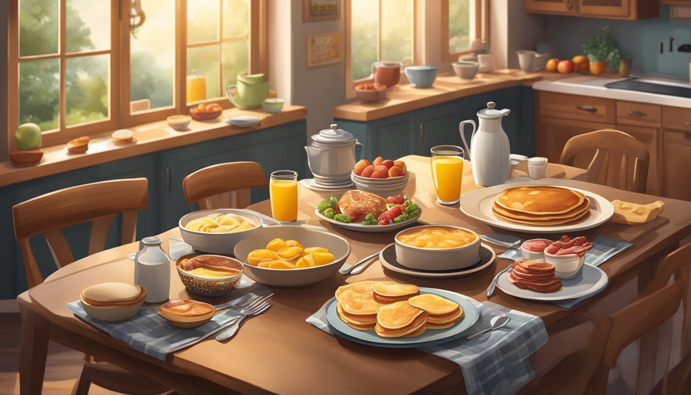 A cozy kitchen table set with a spread of breakfast foods for dinner, including pancakes, eggs, bacon, and fruit. A warm, inviting atmosphere with soft lighting and a relaxed mood