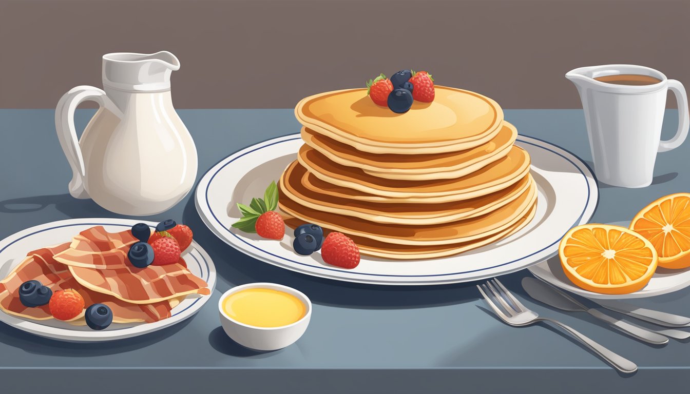 A table set with pancakes, bacon, and eggs next to a pitcher of orange juice and a bowl of fresh berries