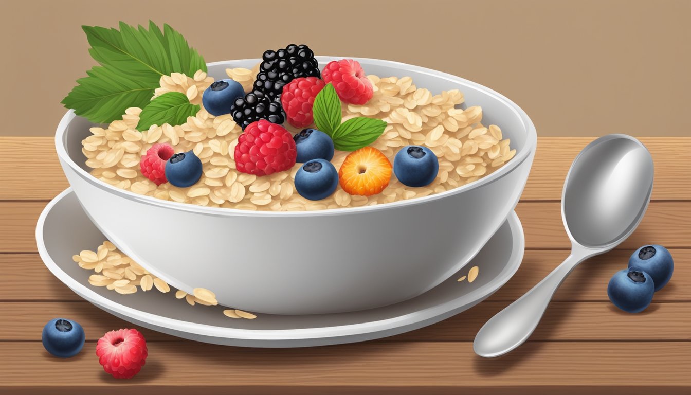 A bowl of oatmeal topped with a colorful assortment of fresh berries, set on a wooden table with a spoon beside it