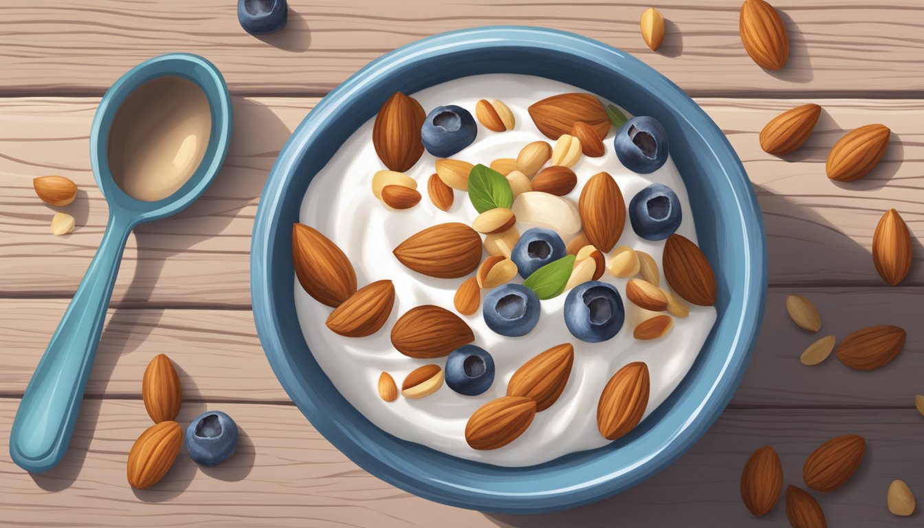 A bowl of Greek yogurt topped with a colorful array of nuts and seeds, sitting on a wooden table with a spoon beside it