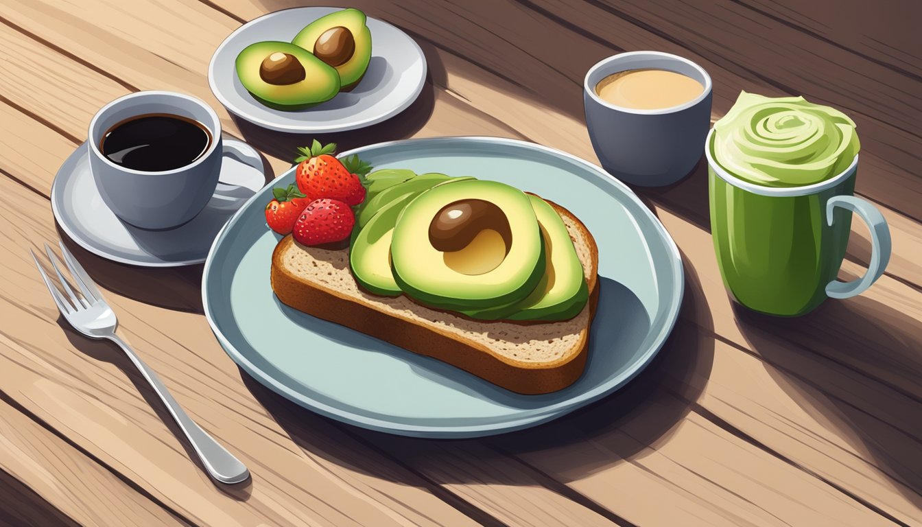 A plate with avocado toast on whole grain bread, accompanied by a side of fresh fruit and a cup of black coffee, set on a wooden table