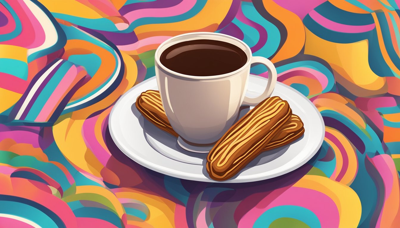 A plate of churros drizzled with chocolate sauce, accompanied by a cup of Mexican hot chocolate, set on a colorful tablecloth