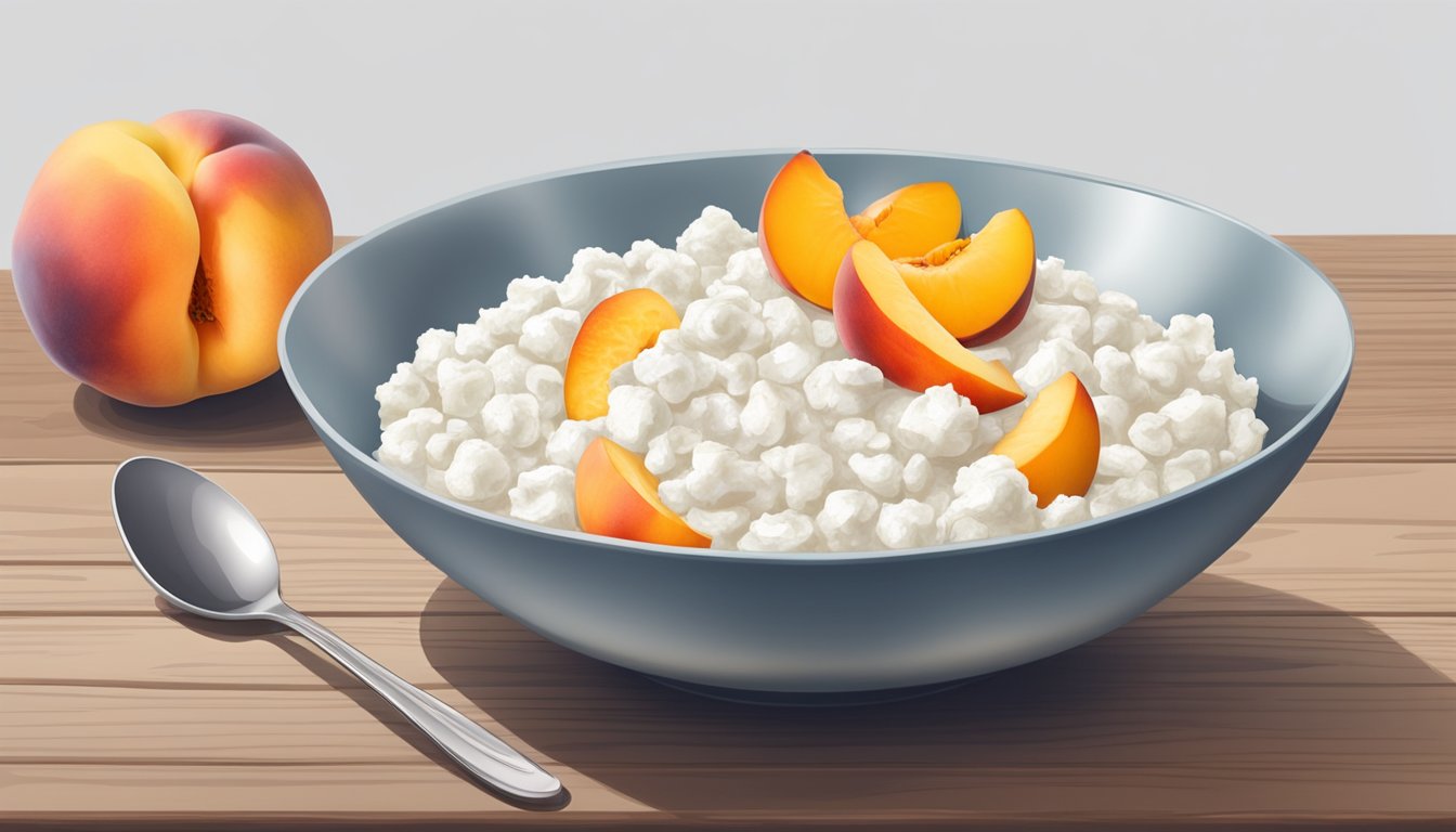 A bowl of cottage cheese topped with sliced peaches sits on a wooden table next to a glass of water and a spoon