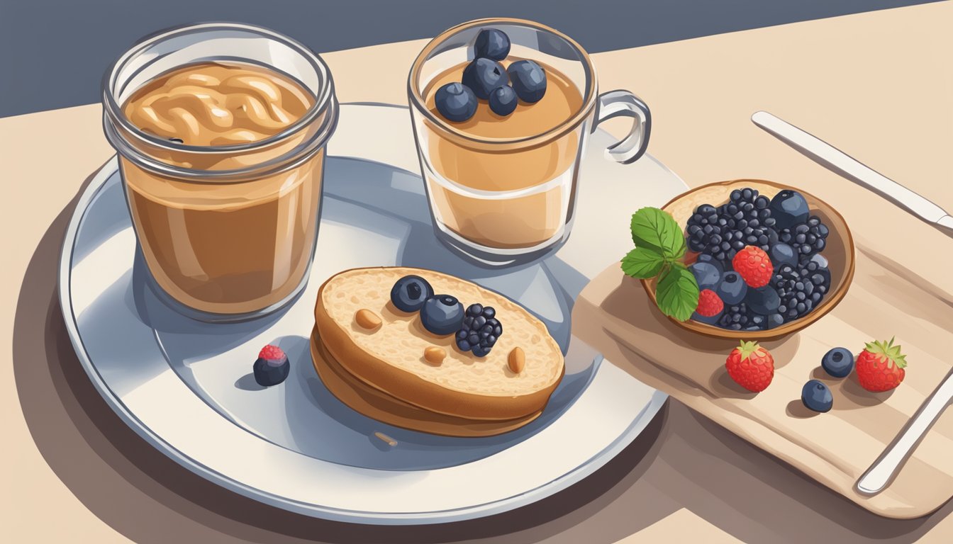 A whole grain English muffin with peanut butter on a plate, accompanied by a glass of water and a small bowl of fresh berries