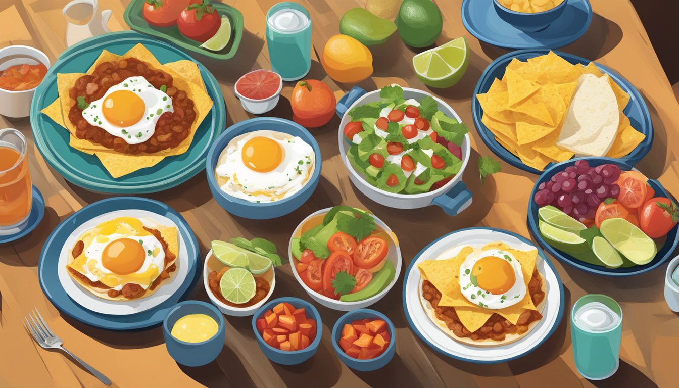 A colorful spread of Mexican breakfast foods, including huevos rancheros, chilaquiles, and fresh fruit, arranged on a traditional table setting