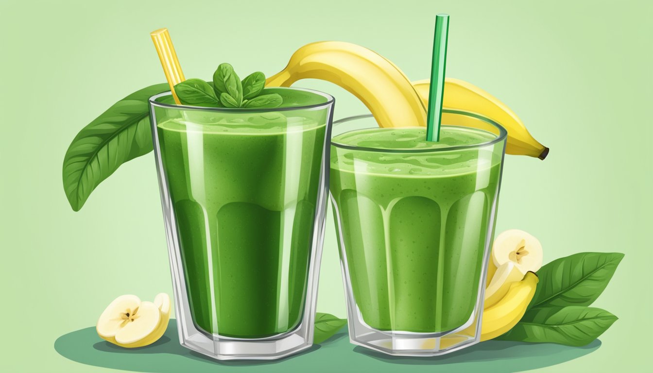 A glass filled with a green smoothie made of spinach and banana, garnished with a slice of banana on the rim