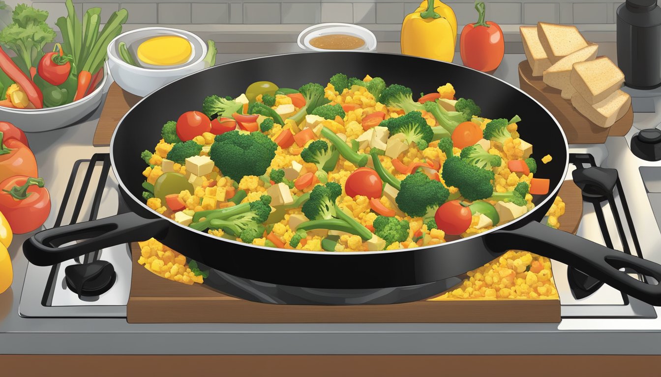 A colorful array of tofu scramble and assorted vegetables sizzling in a skillet on a stovetop