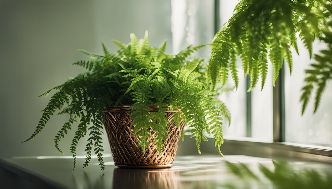 A plumosa fern cascades from a copper basket, creating a delicate green waterfall. Morning light casts intricate shadows on a pale wall, as tiny water droplets glisten on the feathery stems