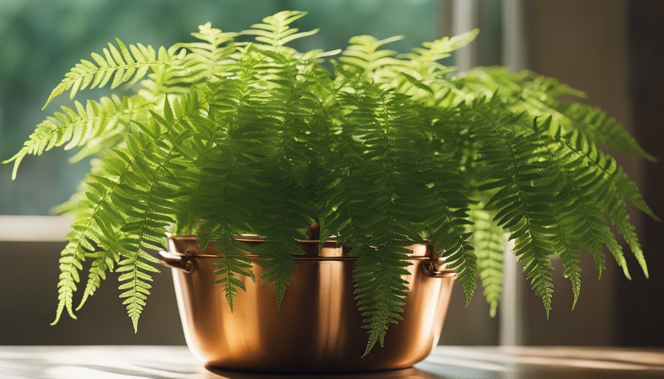 A mature plumosa fern hangs in a copper basket, its delicate fronds creating a green waterfall effect. Morning light casts intricate shadows on the wall, while a humidity meter shows optimal conditions