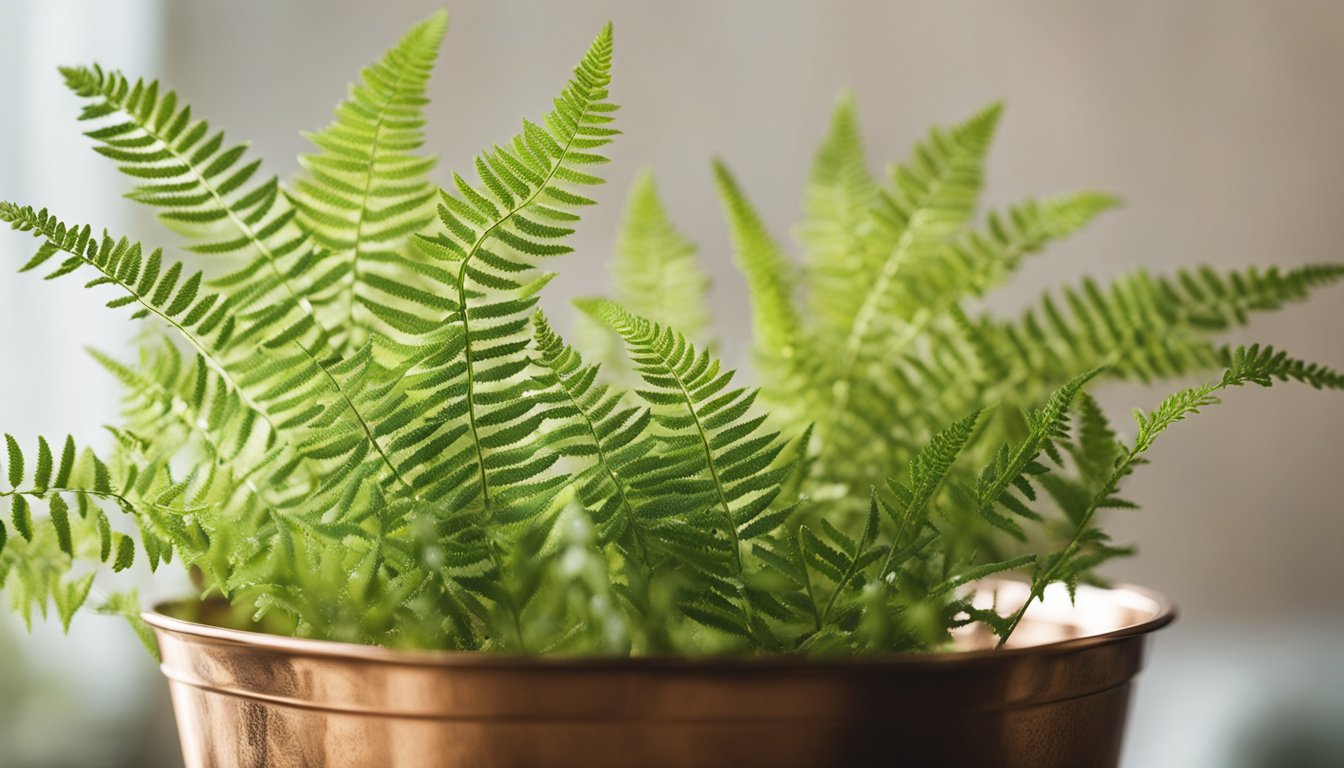 A plumosa fern spills from a copper basket, casting delicate shadows on a pale wall. A humidity meter and glistening water droplets indicate optimal growing conditions