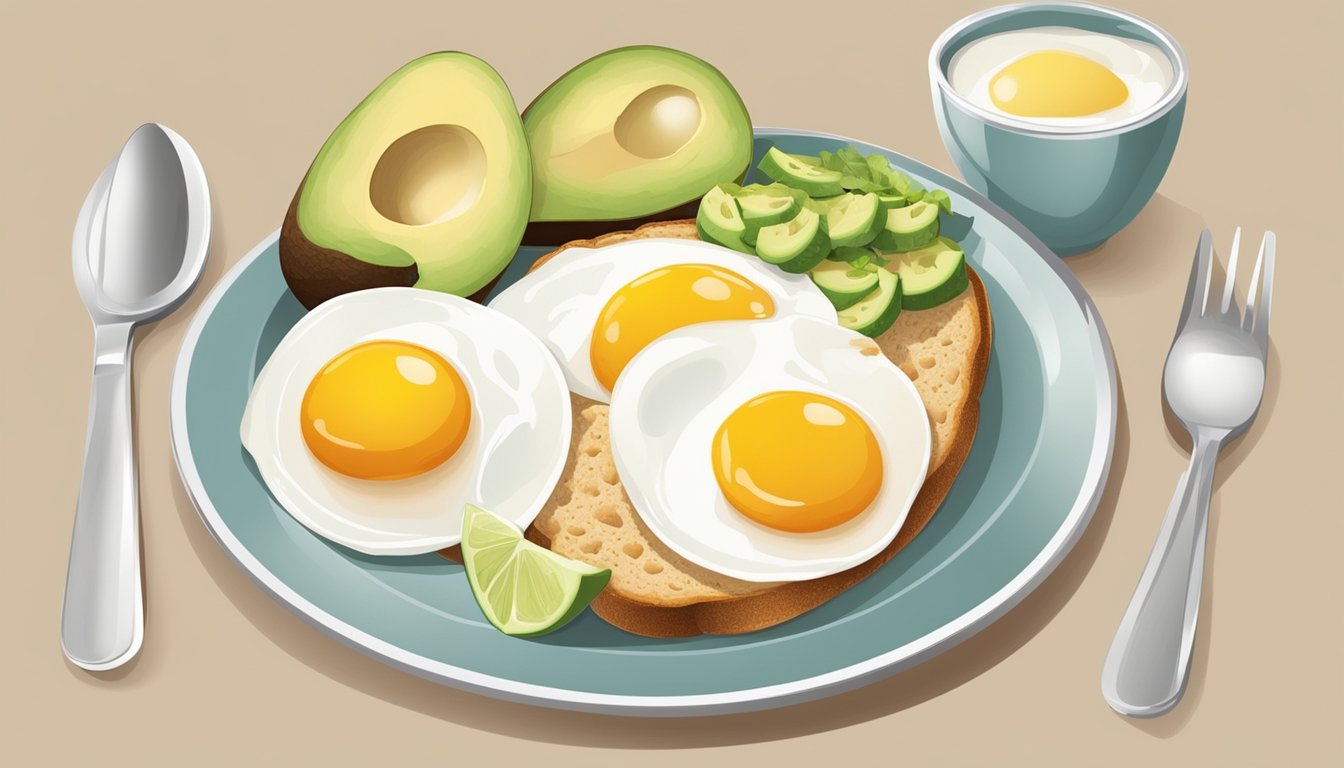 A breakfast plate with a balanced mix of protein, healthy fats, and complex carbohydrates, including eggs, avocado, and whole grain toast