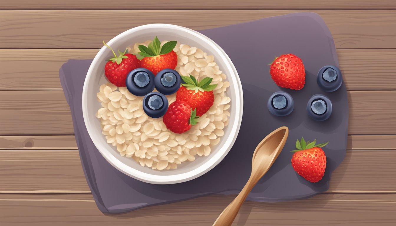 A bowl of oatmeal topped with fresh berries on a wooden table