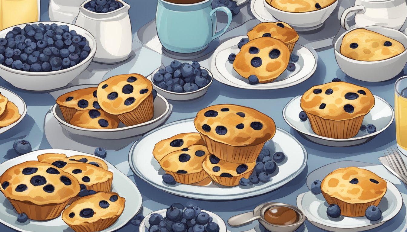 A table set with a variety of blueberry pancake muffins, surrounded by colorful plates and napkins at a breakfast potluck