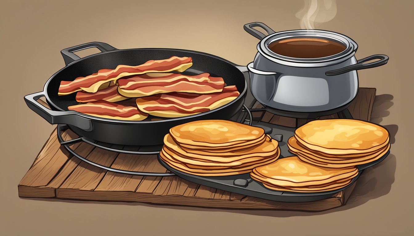 A sizzling skillet with pre-cooked bacon strips, alongside a stack of golden pancakes and a steaming pot of coffee on a rustic campfire breakfast table