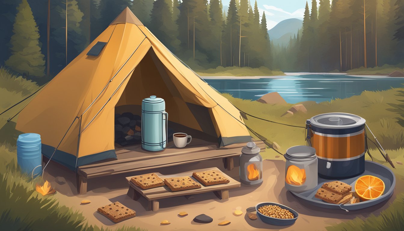 A rustic campsite with a cozy campfire surrounded by granola bars, fresh fruit, and a thermos of hot coffee