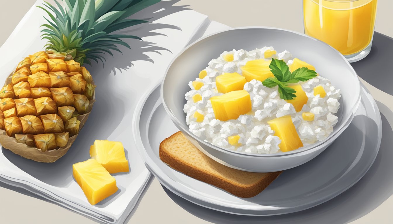 A bowl of cottage cheese topped with fresh pineapple, accompanied by a glass of water and a plate of whole grain toast