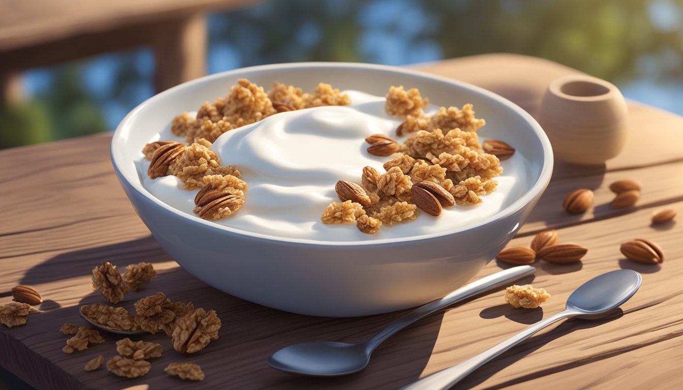 A bowl of yogurt topped with nut granola sits on a rustic wooden table in a sunlit campsite clearing