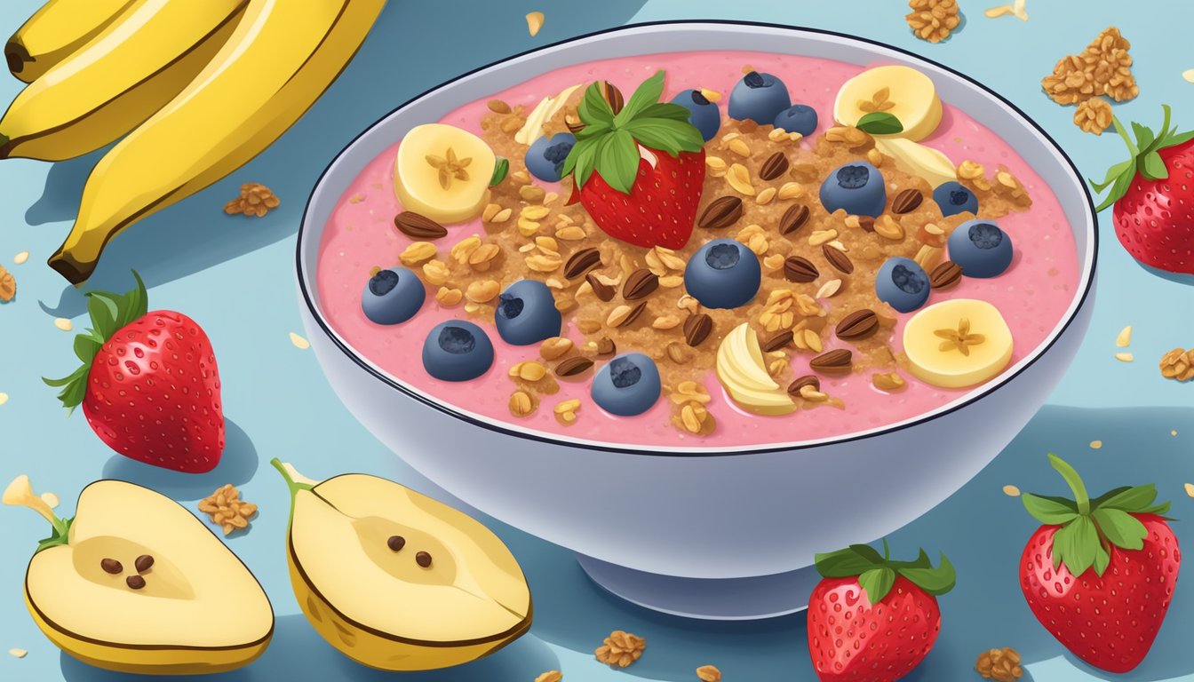 A colorful bowl filled with a thick strawberry banana smoothie, topped with sliced fruit, granola, and chia seeds, surrounded by fresh strawberries and bananas